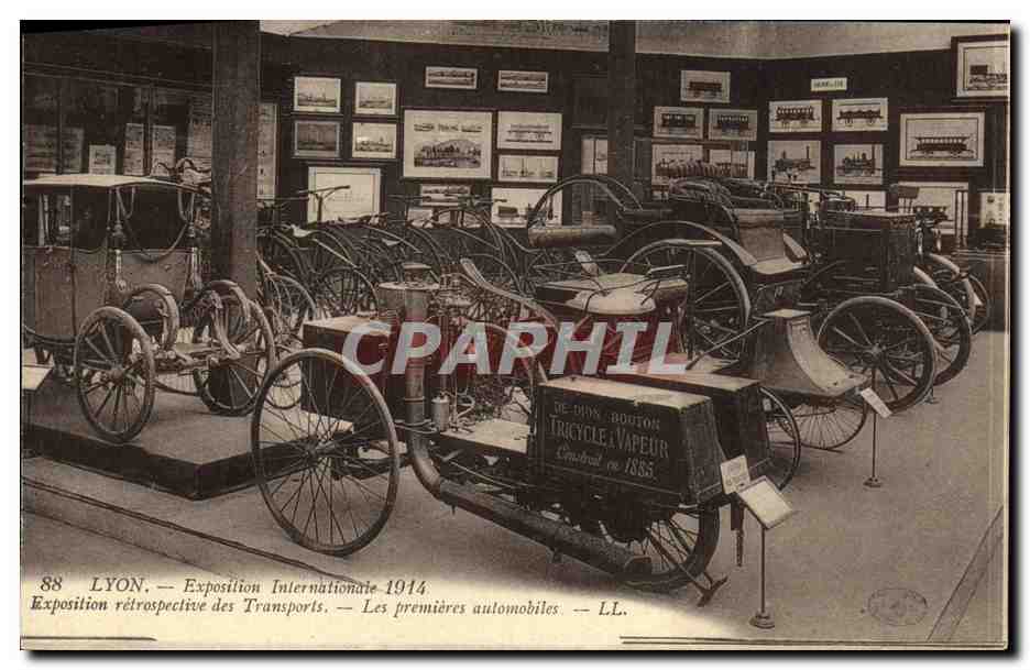 CPA Automobile Exposition internationale 1914 Les premieres automobiles Lyon Tricycle Vapeur Velo Cycle 