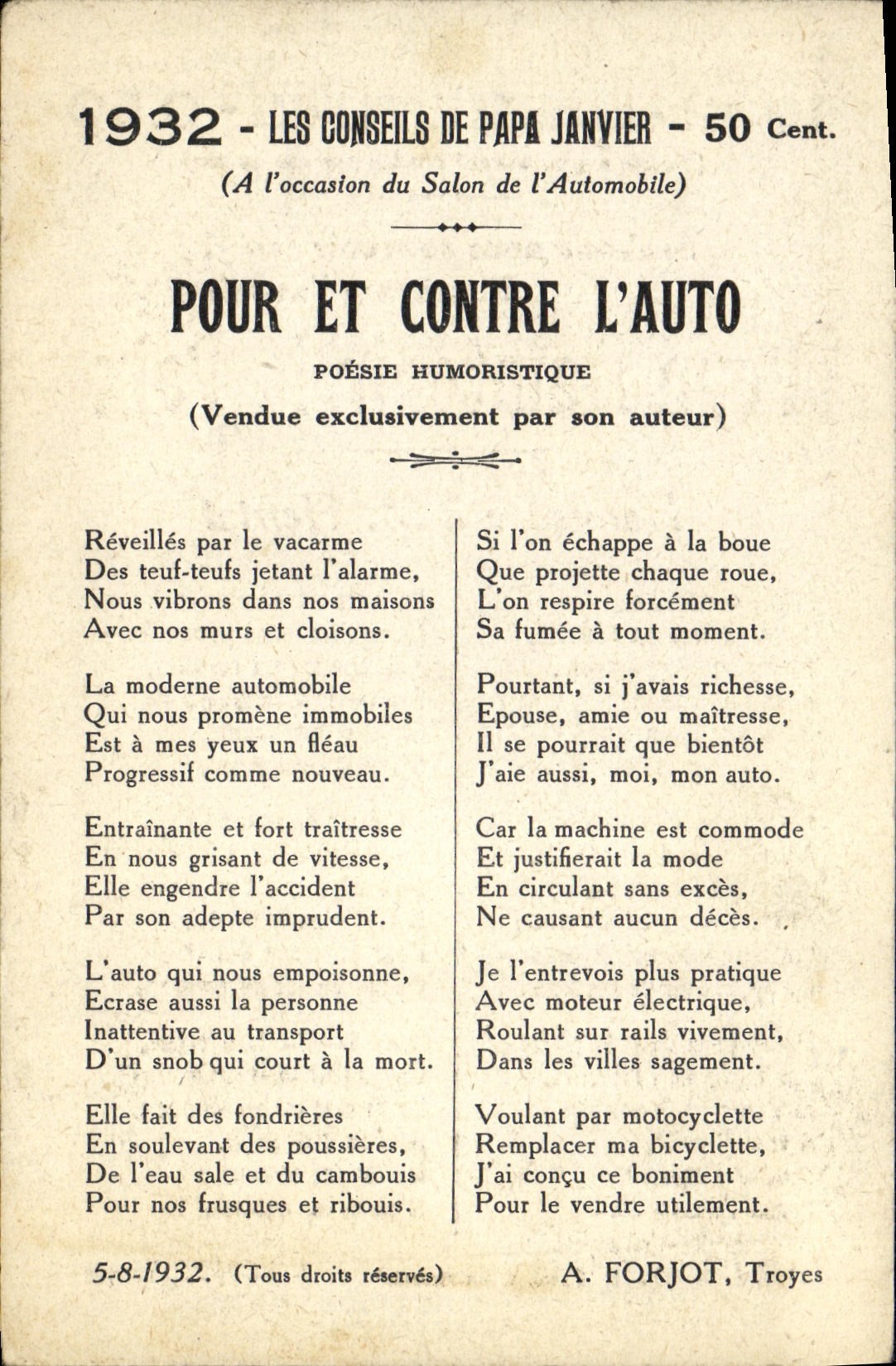 Les Conseils de Papa Janvier — 1932, poésie humoristique et hommage — A. Forjot, Troyes