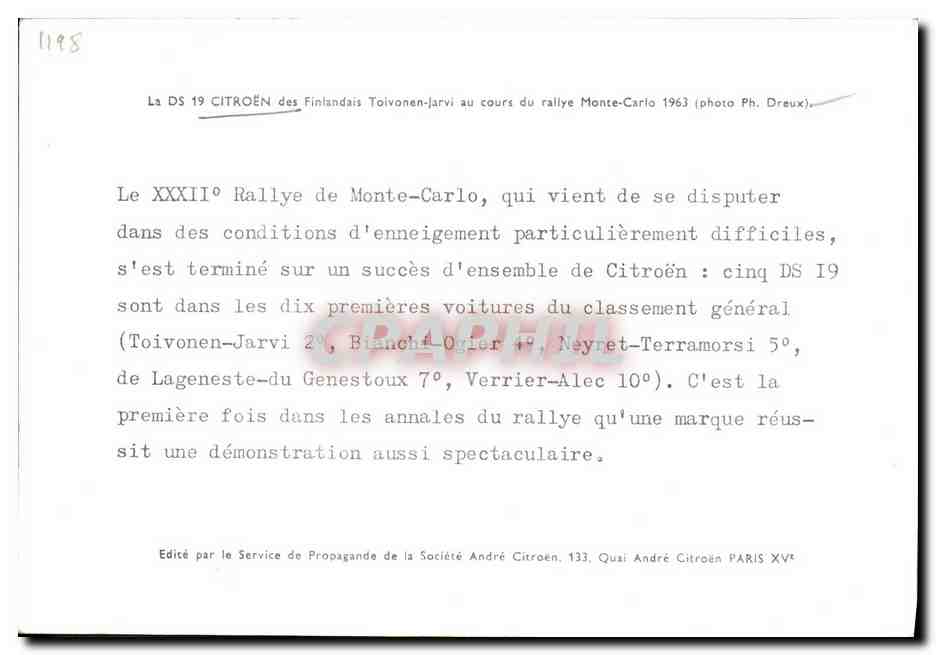 CPM Citroen DS19 des finlandais Toivonen Jarvi Rallye monte Carlo 1963 — Verso