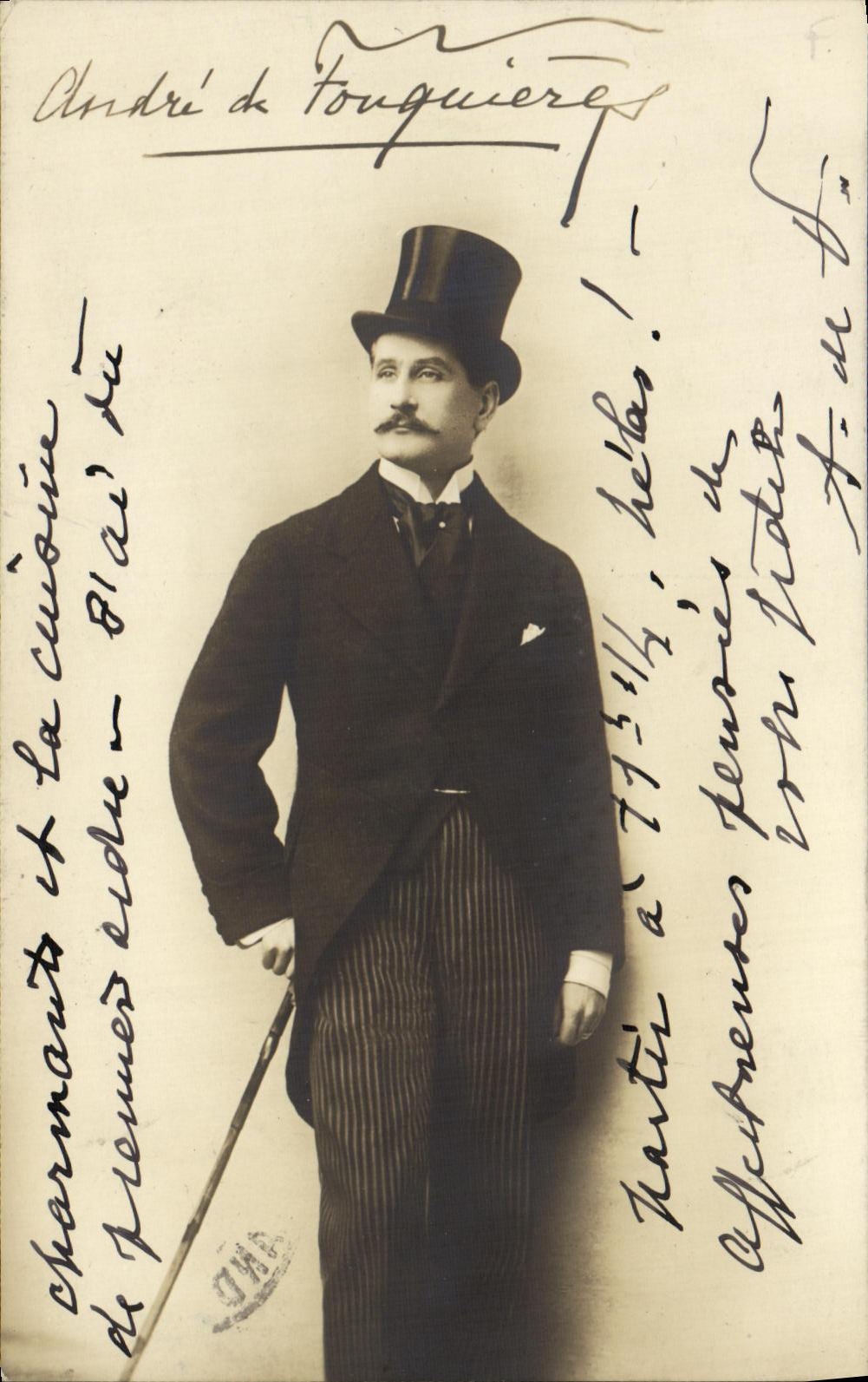 André de Fouquières — Portrait en costume de scène — Carte postale autographe