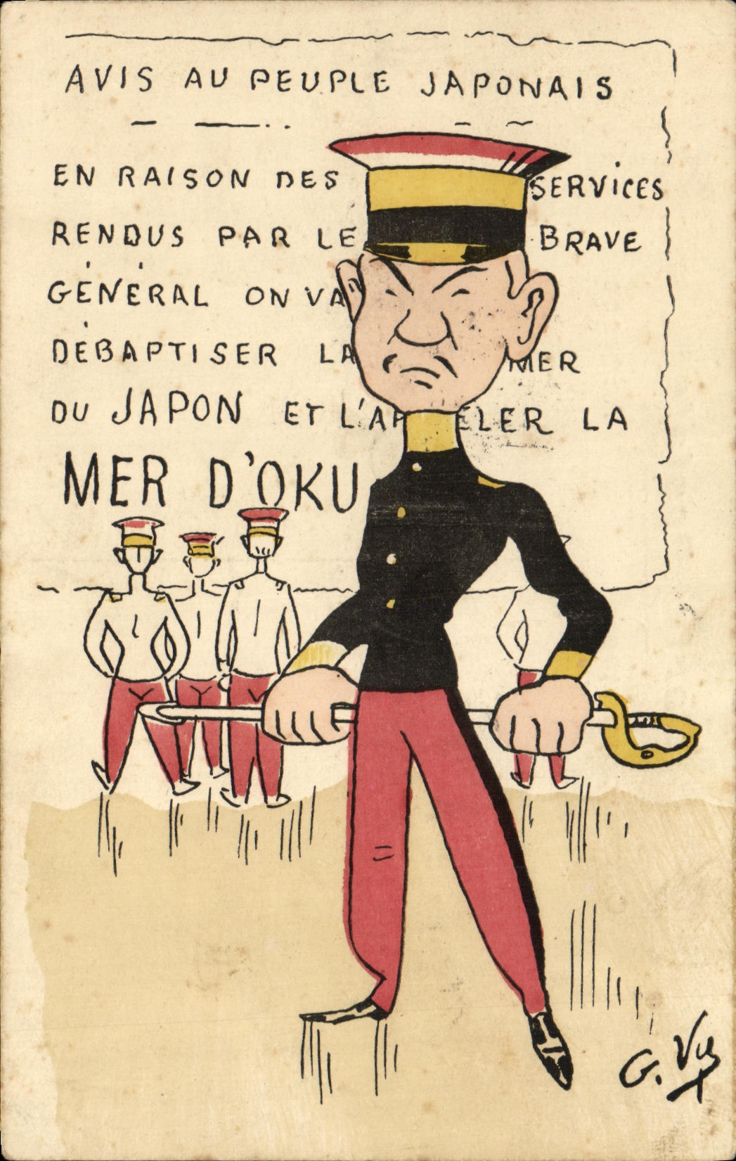 Avis au peuple japonais — caricature militaire — G. Vy