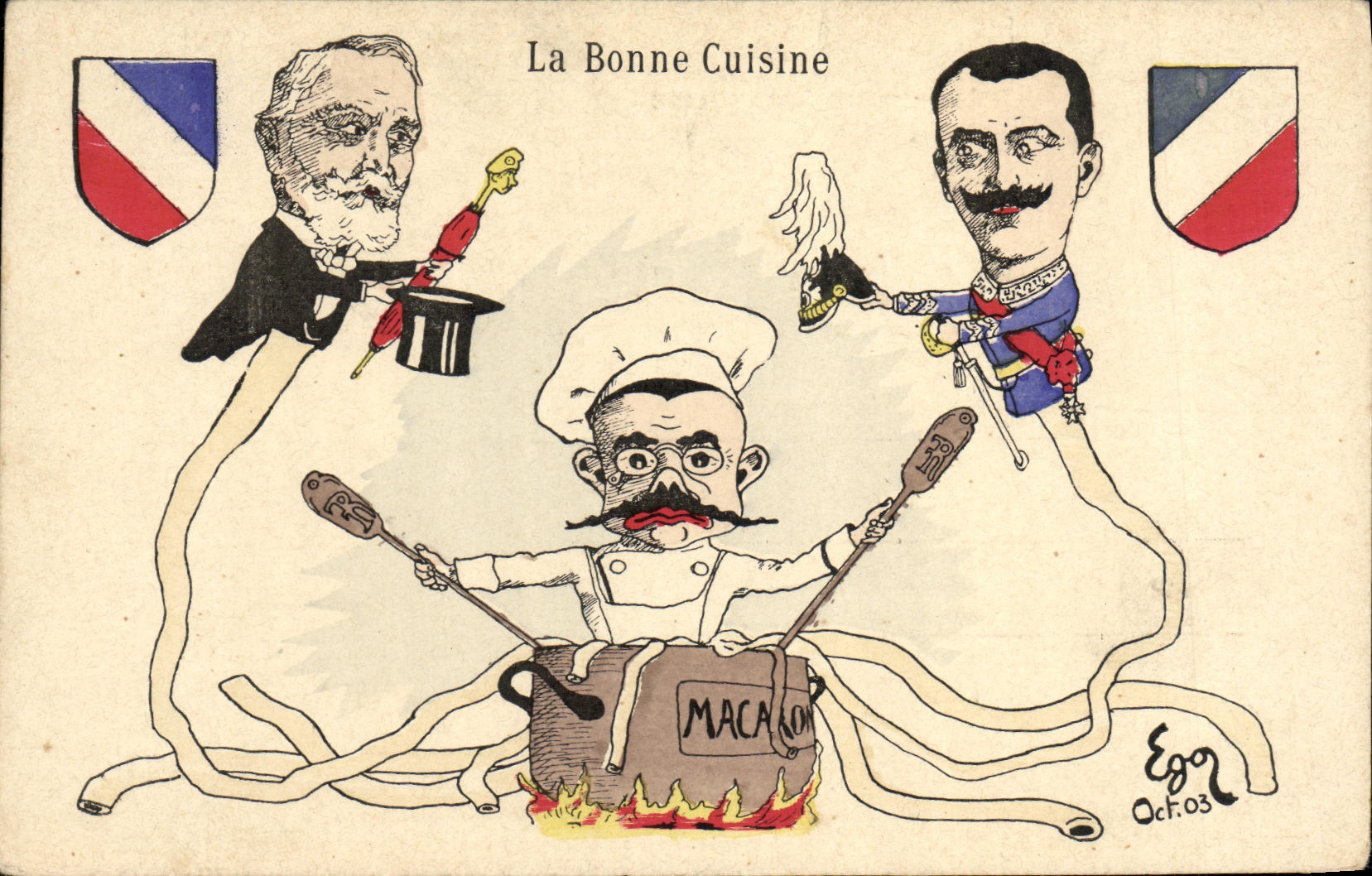 Dobra kuchnia — polityczna karikatura z Macronem — wydawca Ego, n° 104, październik 1903