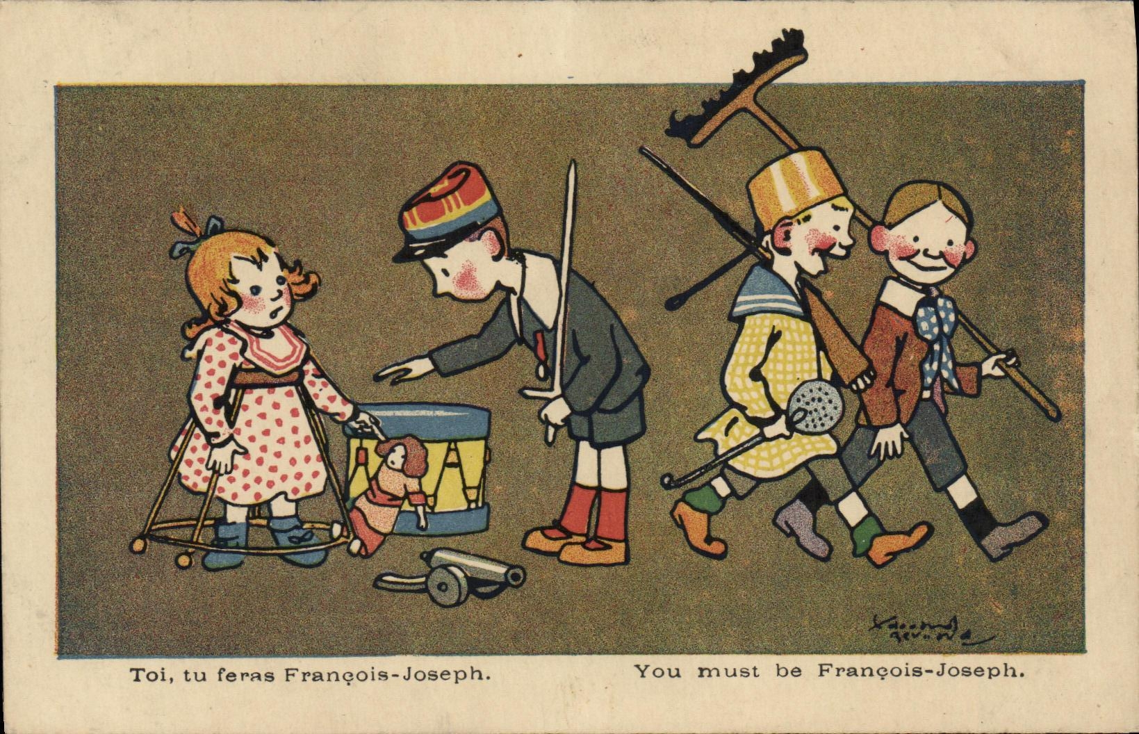 Enfants jouant avec des jouets militaires — illustration de Raymond Gervais — série R643