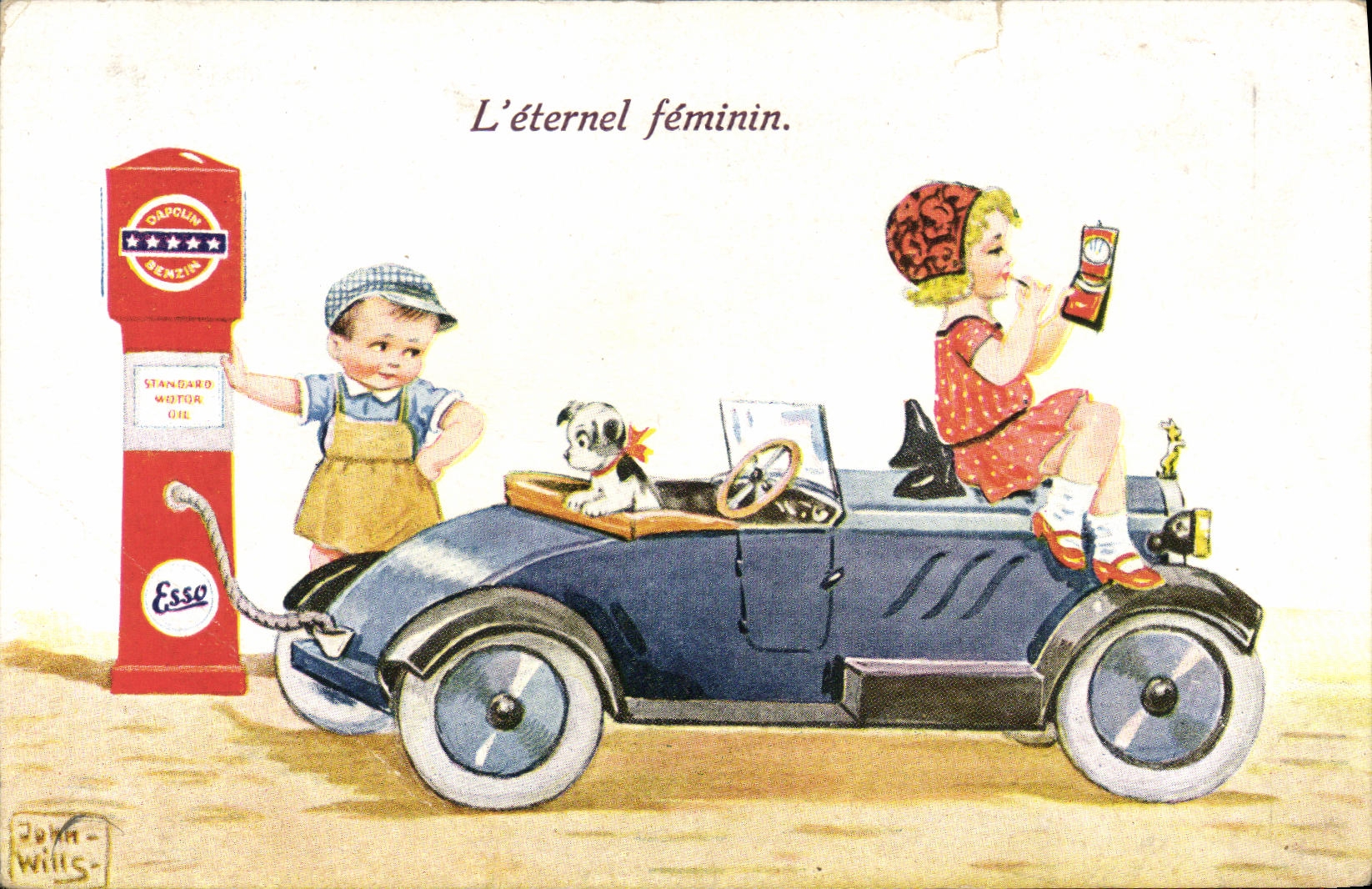 CPA Fantaisie Enfants L'eternel feminin Chien Station Esso