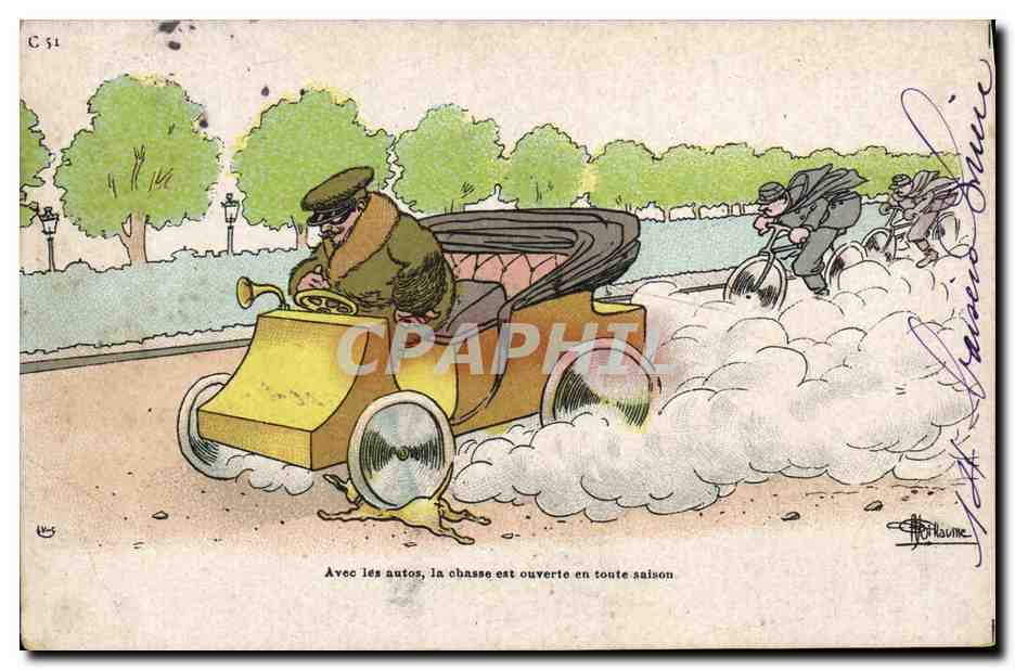 CPA Fantaisie Automobile Course Velo Humour