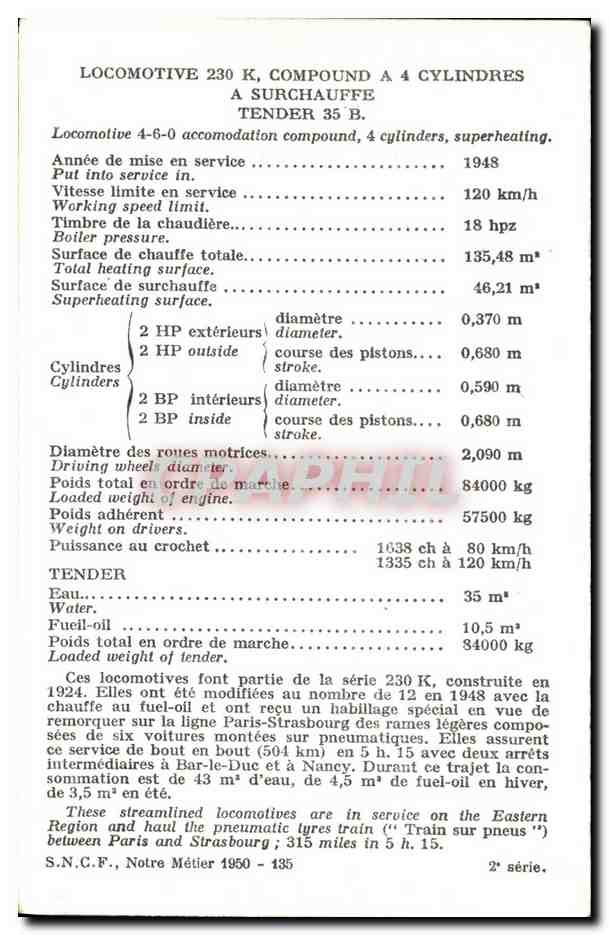 Locomotive 230 K — Compound à 4 cylindres — S.N.C.F. — 2e série — Verso