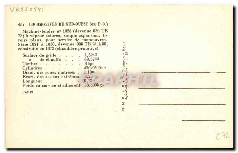CPA Train Locomotive Sud Ouest Machine Tender 1028 — Rückseite