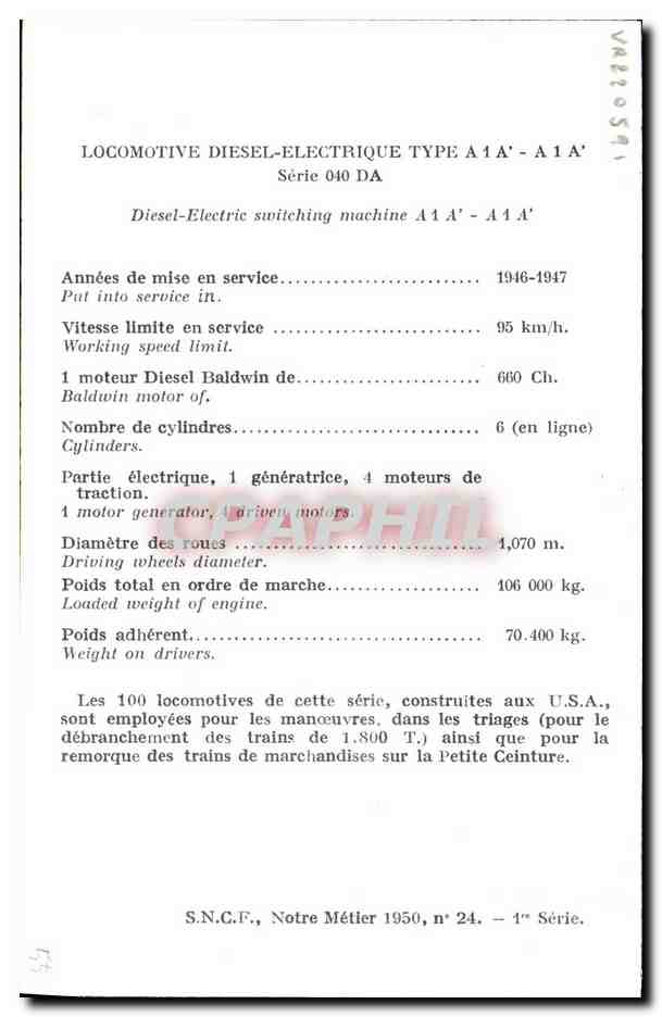 CPA Locomotive Train Diesel Electrique Type A 1 A A 1 A' SErie 040 DA — Rückseite
