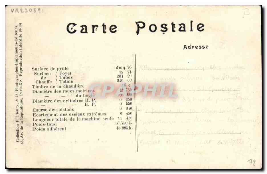 CPA Locomotive Train Machine 3518 a vapeur saturee — Verso