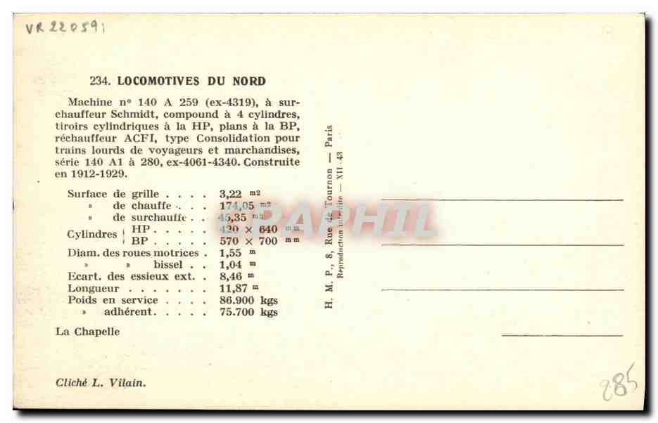 CPA Locomotive Train Locomotive du Nord Machine 140 A 259 — Rückseite