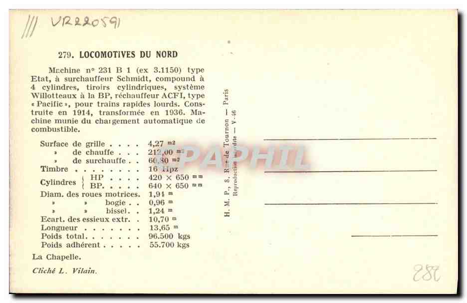 CPA Locomotive Train Locomotive du Nord Machine 231 B 1 — Rückseite