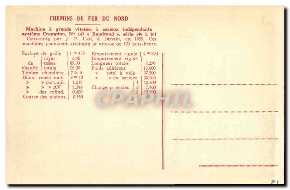 CPA Locomotive Train Chemins de fer du Nord Machine a grande vitesse a essieux independants systeme Crampton — Rückseite