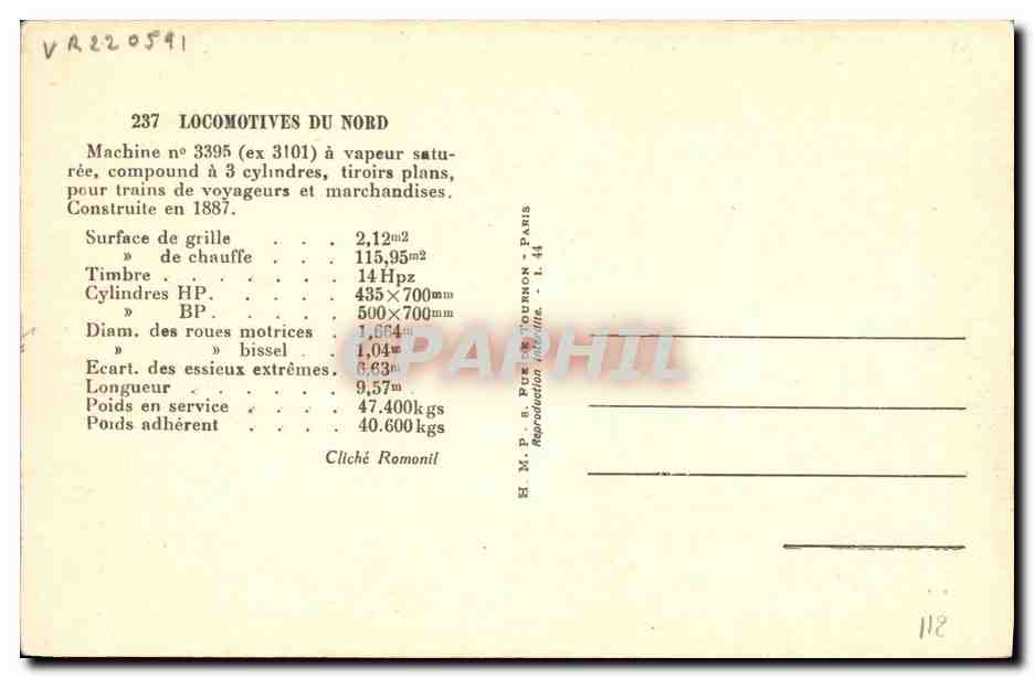 CPA Train Locomotive Machine 3395 — Verso