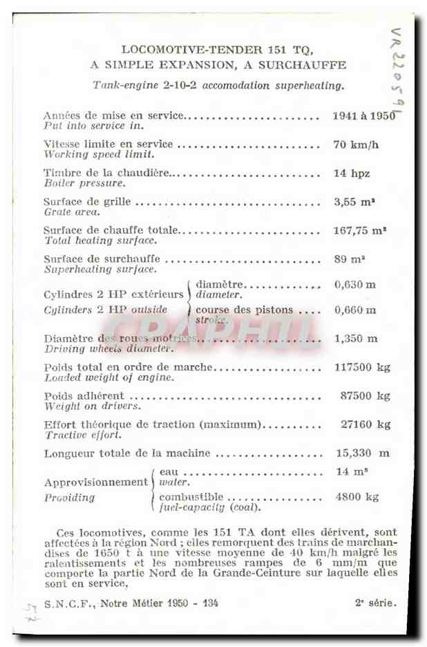 CPA Train Locomotive Tener 151 TQ a simple expansion — Rückseite