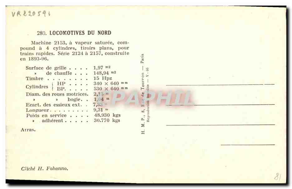 CPA Train Locomotive Machine 2153 a vapeur saturee — Verso