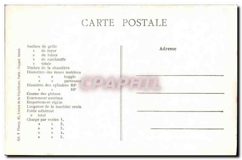 CPA Train Locomotive Machine 1085 a 3 essieux couples — Verso