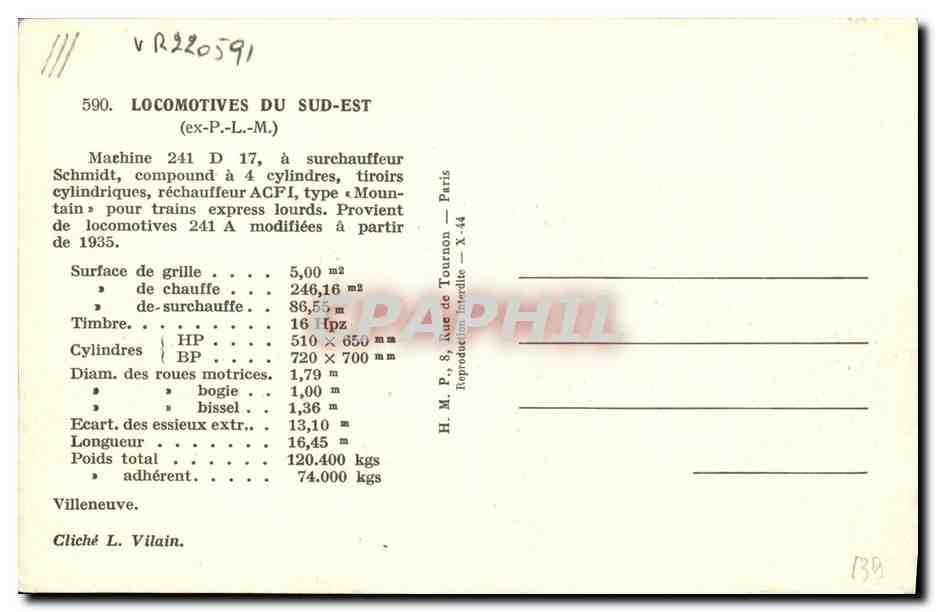 CPA Train Locomotive Machine 241 D 17  — Back