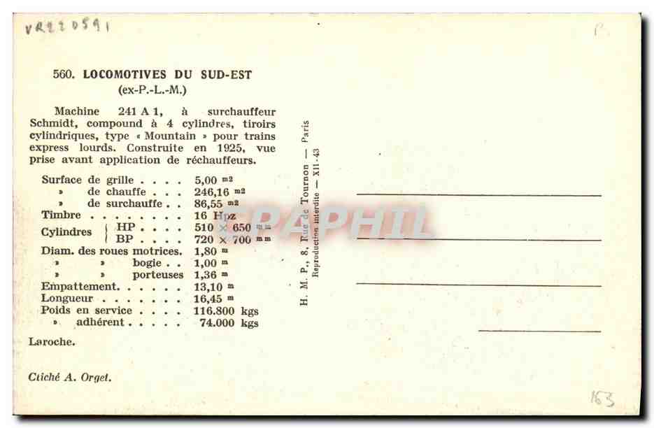 CPA Train Locomotive Machine 241 A 1  — Verso