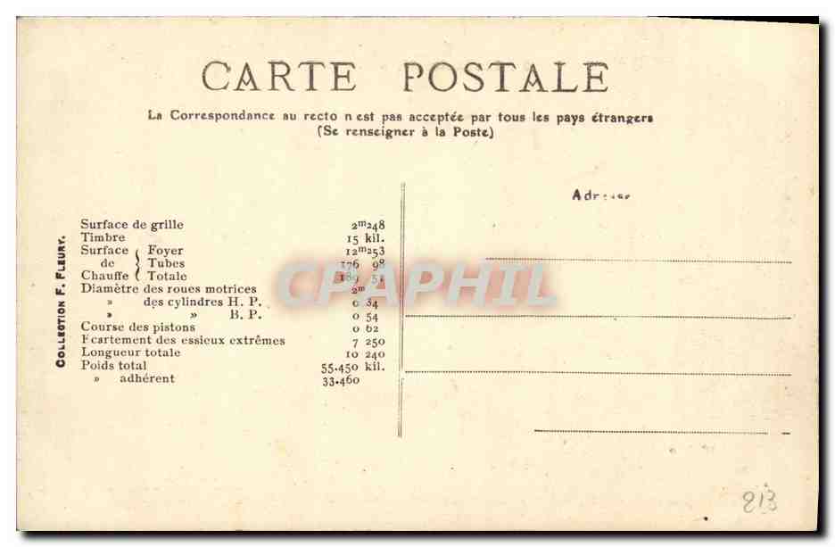 CPA Train Locomotive Machine pour train rapide Serie C de 61 a 180 — Verso