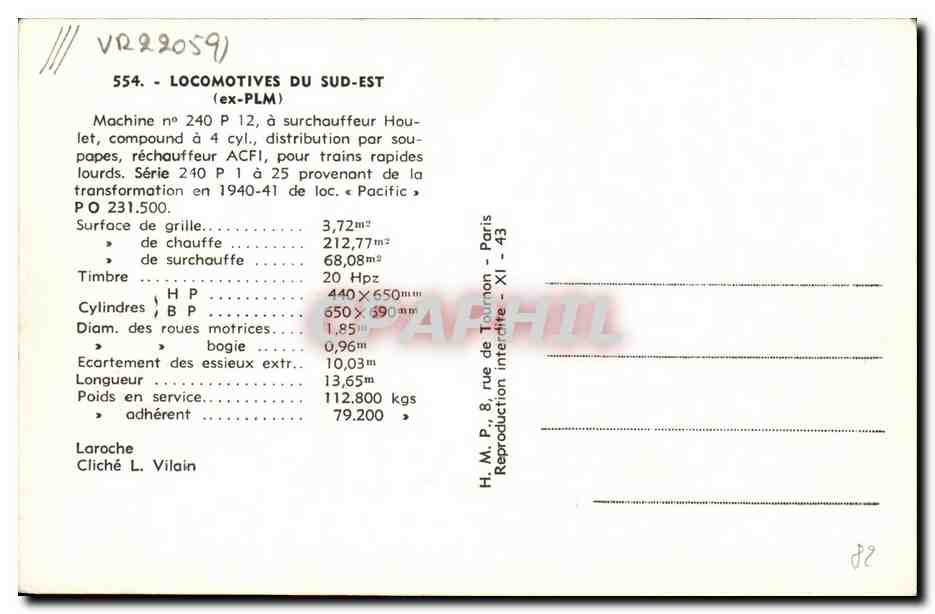 CPA Train Locomotive Machine 240 P 12 — Verso