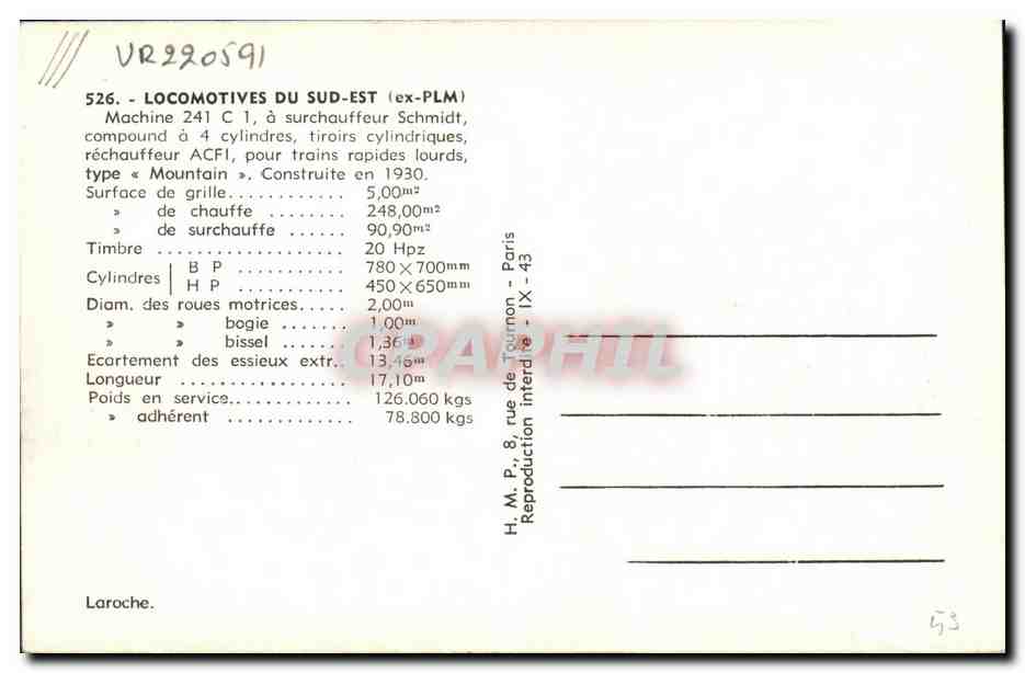 CPA Train Locomotive Machine 241 C 1  — Verso
