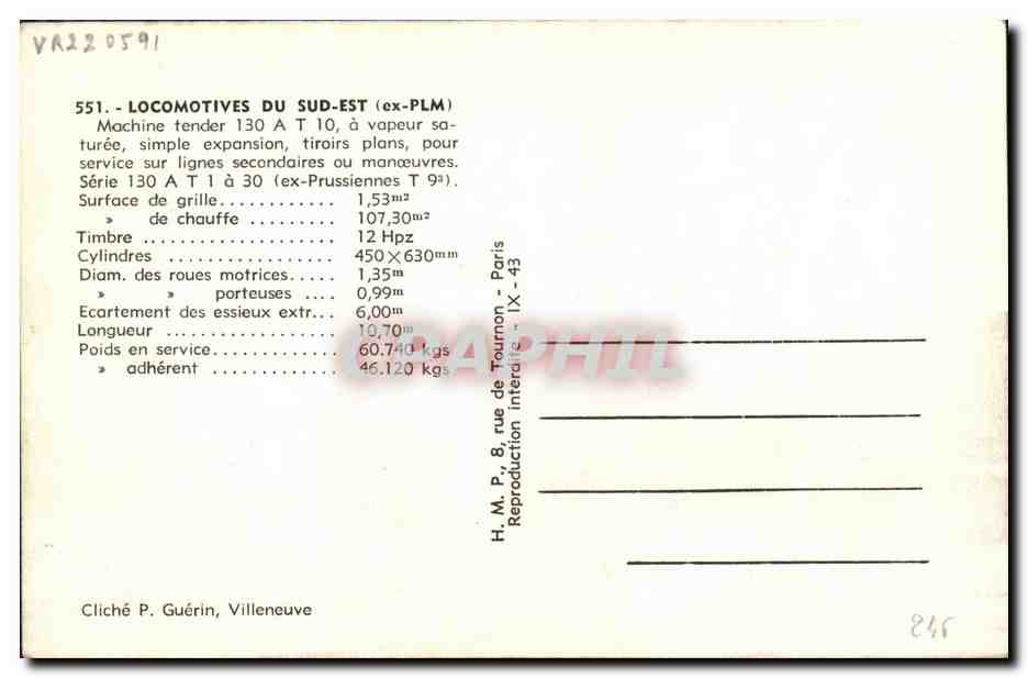 CPA Train Locomotive Machine tender 130 A T 10 Villeneuve — Rückseite