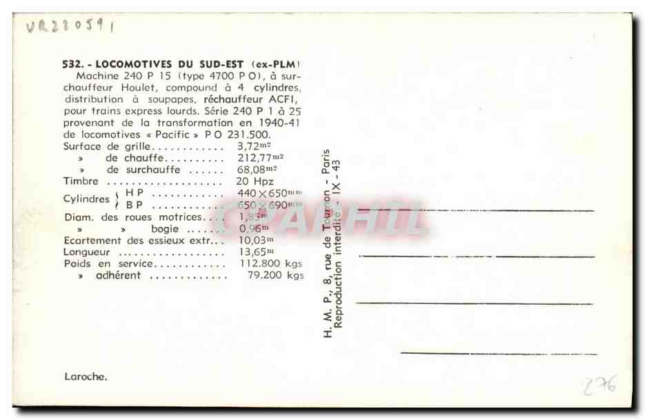 CPA Train Locomotive Machine 240 P 15  — Back