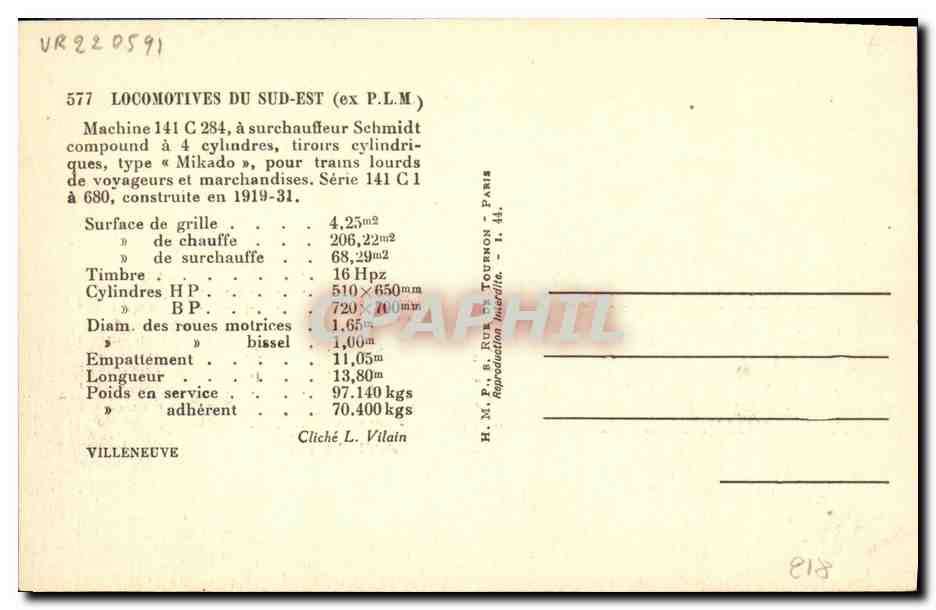 CPA Train Locomotive Machine 141 C 284 — Back