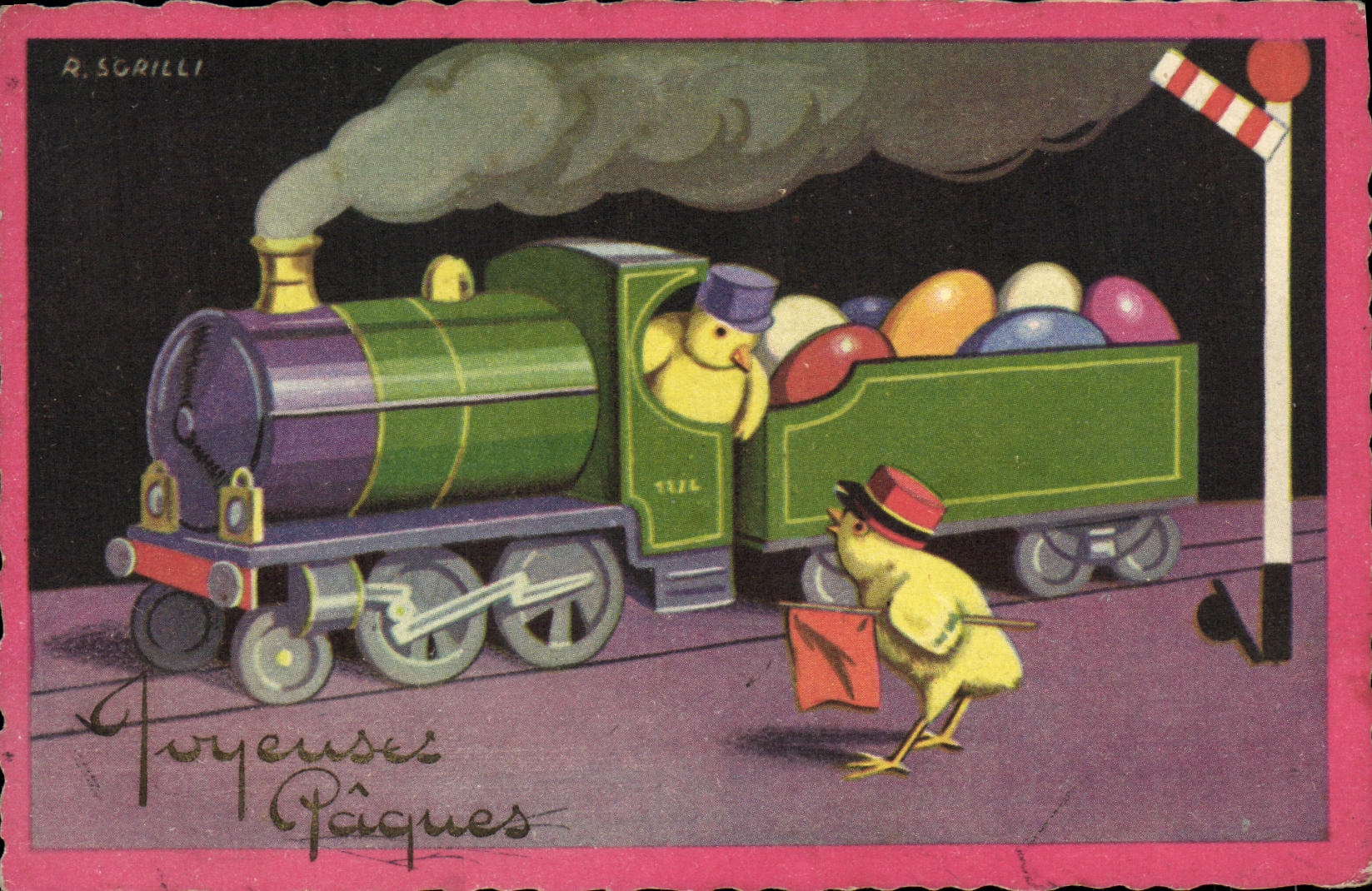 CPA Fantaisie Train Poussins Paques