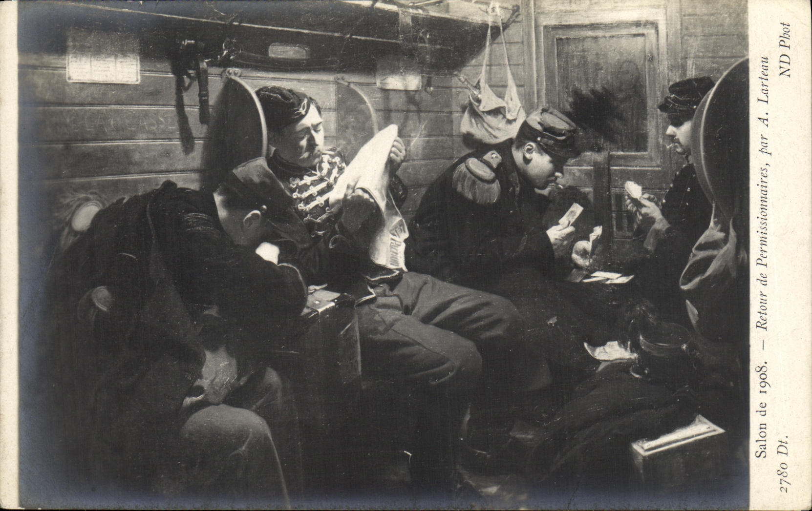 CPA Train Salon de 1908 Retour des Permissionnaires par Larteau Militaria 