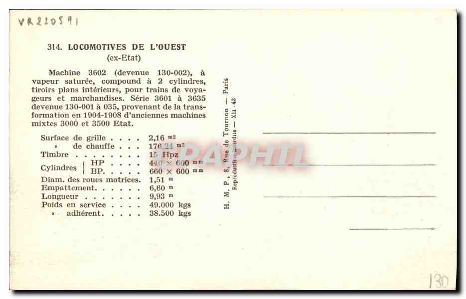 CPA Train Locomotive 3602 — Verso