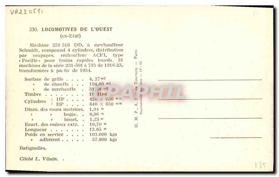 CPA Train Locomotive de l'Ouest Machine 231-516 DD — Rückseite