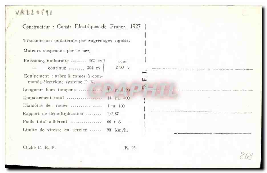 CPA Train Locomotive electrique Automotrice Bo Bo serie EABD des chemins de fer marocains  — Rückseite