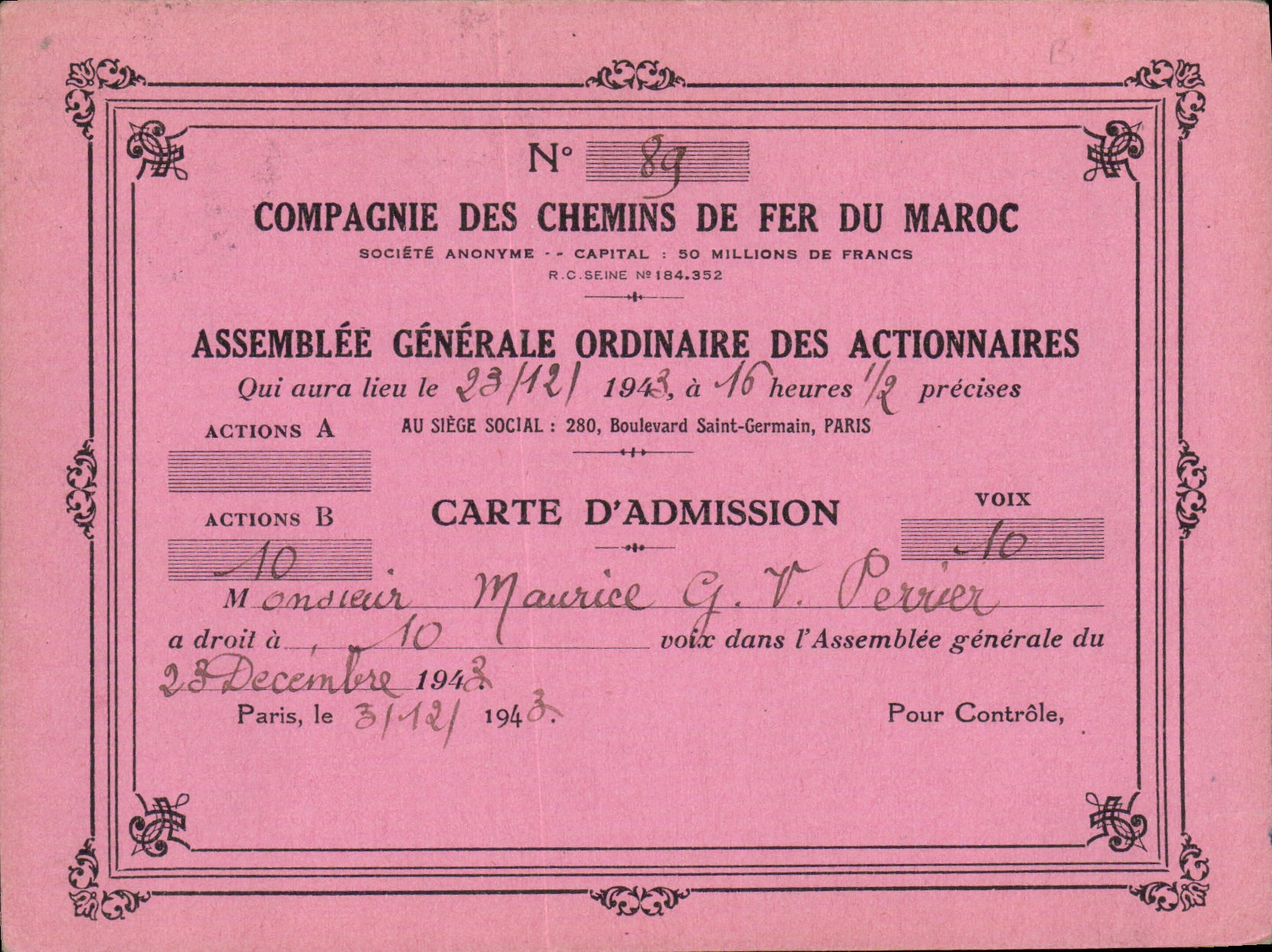 Carton Assemblee des actionnaires Chemins de fer du Marco Admission 1943 Perrier