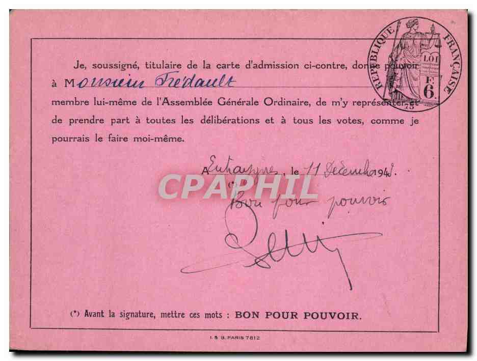 Carton Assemblee des actionnaires Chemins de fer du Marco Admission 1943 Perrier — Verso