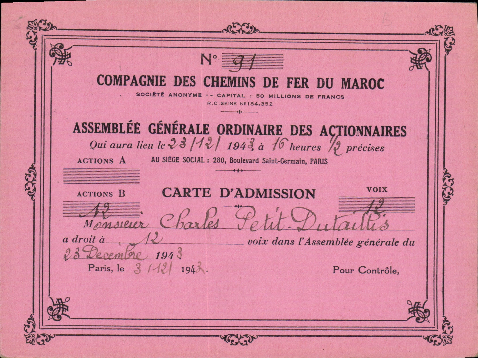 Carton Assemblee des actionnaires Chemins de fer du Marco Admission 1943 Dutaillis