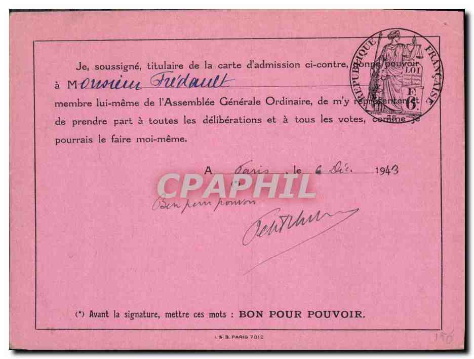 Carton Assemblee des actionnaires Chemins de fer du Marco Admission 1943 Dutaillis — Verso