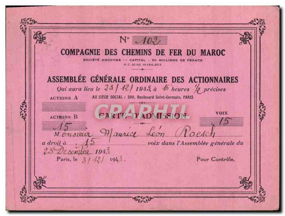 Carton Invitation Assemblee generale de la Compagnie des chemins de fer du Maroc Roesch 1943