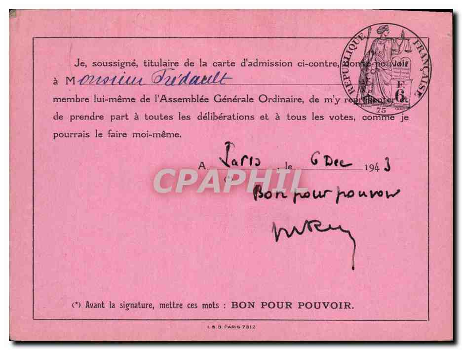 Carton Invitation Assemblee generale de la Compagnie des chemins de fer du Maroc Roesch 1943 — Rückseite