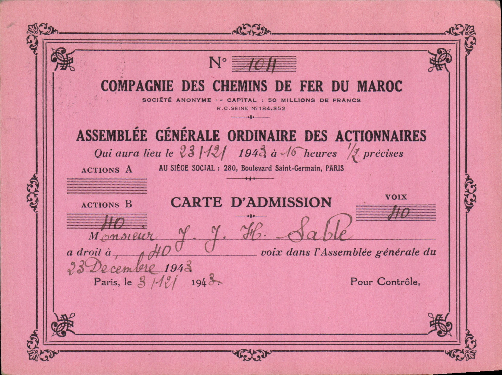 Carton Invitation Assemblee generale de la Compagnie des chemins de fer du Maroc Sable 1943