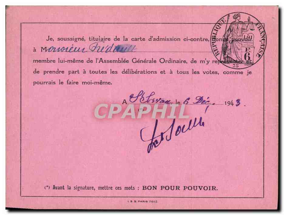 Carton Invitation Assemblee generale de la Compagnie des chemins de fer du Maroc Sable 1943 — Verso