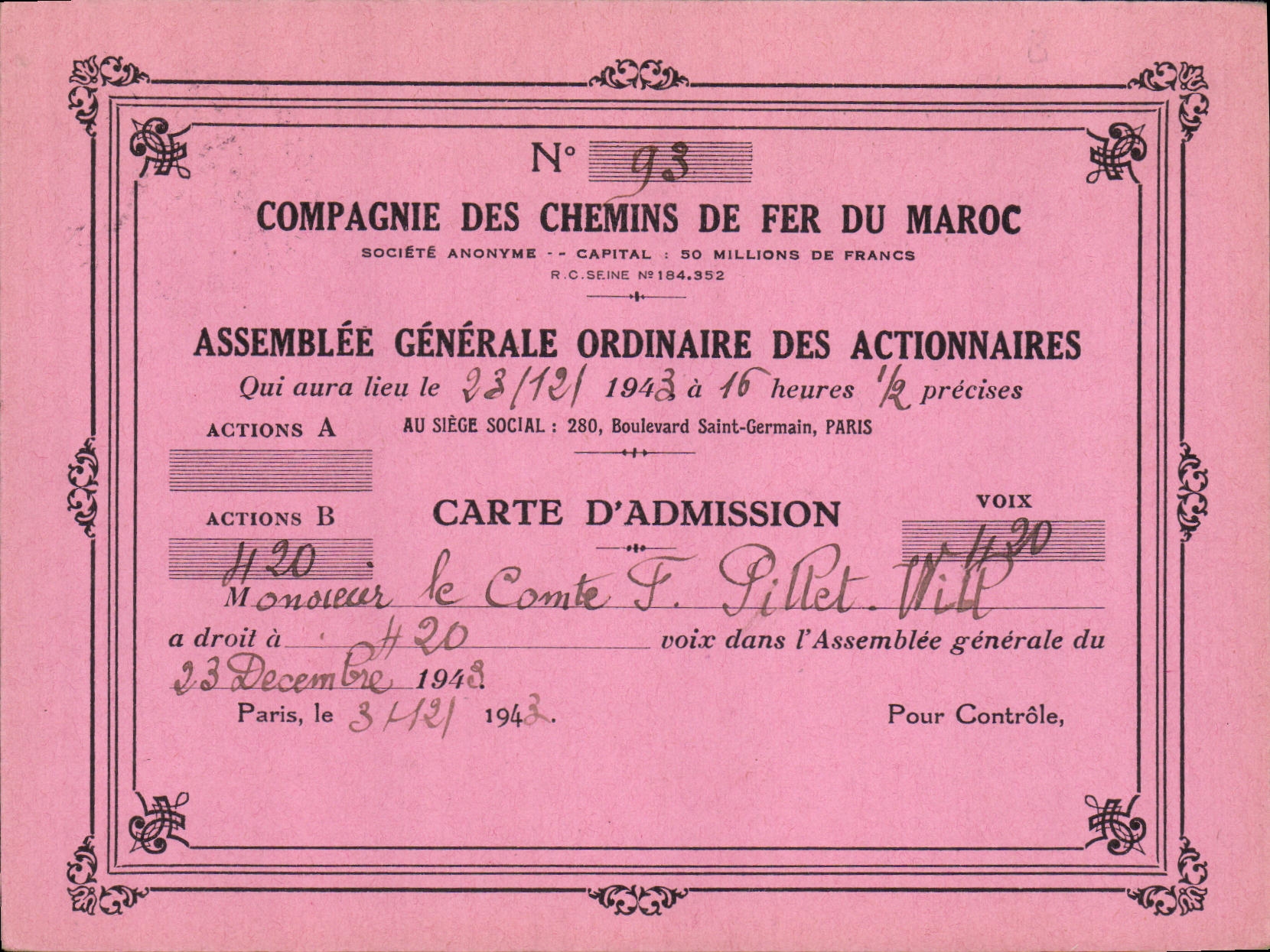 Carton Invitation Assemblee generale de la Compagnie des chemins de fer du Maroc Pillet 1943