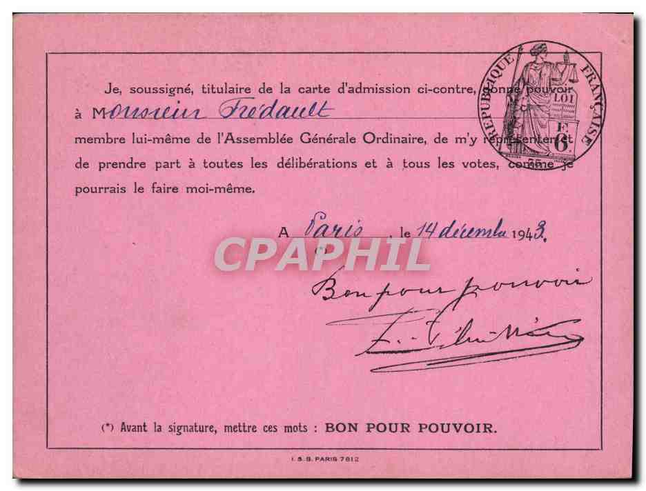Carton Invitation Assemblee generale de la Compagnie des chemins de fer du Maroc Pillet 1943 — Verso