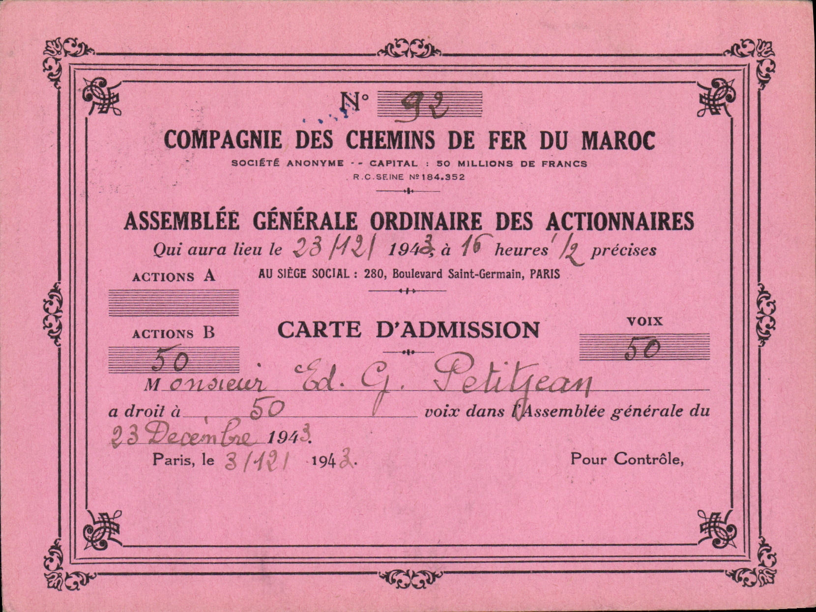 Carton Invitation Assemblee generale de la Compagnie des chemins de fer du Maroc Petitjean 1943