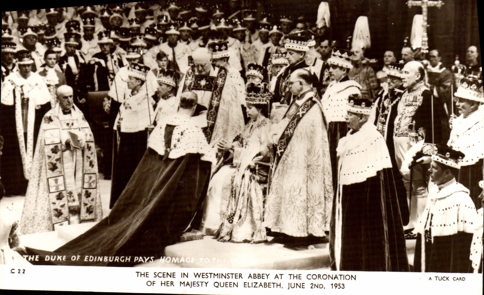 Le duc d'Édimbourg rend hommage à la reine Elizabeth à Westminster Abbey — Coronation du 2 juin 1953 — Tuck Card C 22