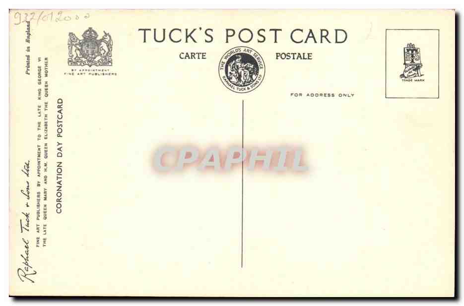 La reine se prépare à l'Anointing — scène à l'Abbaye de Westminster lors de la couronnement de Sa Majesté la Reine Elizabeth, le 2 juin 1953 — Tuck's Post Card, n° CHT 5 — Rückseite