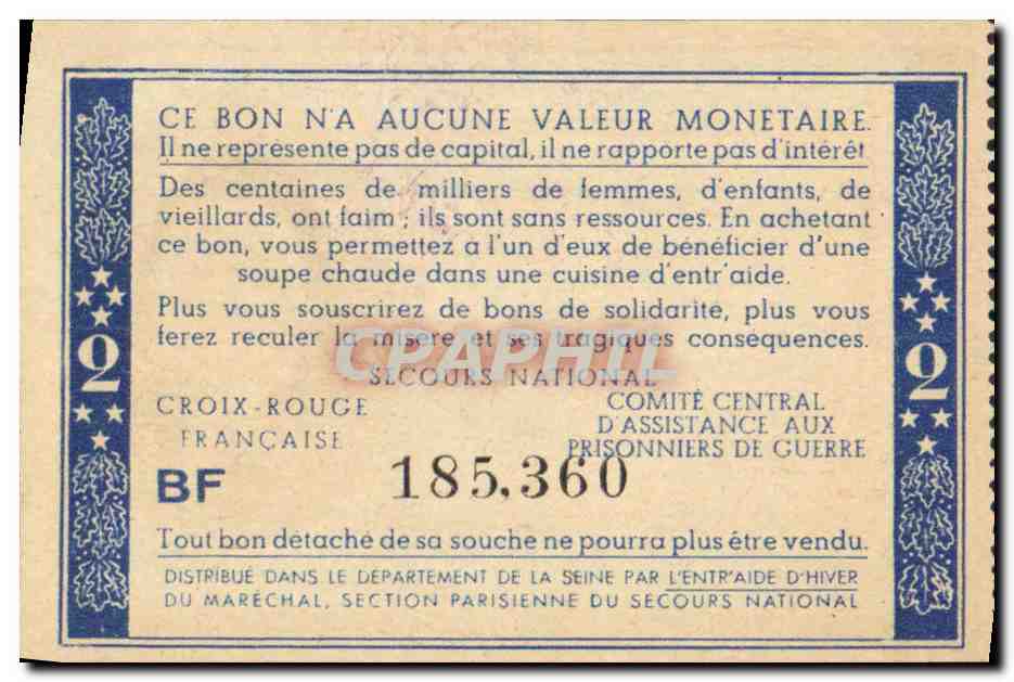 Bon de solidarite Petain 2 Francs — Rückseite