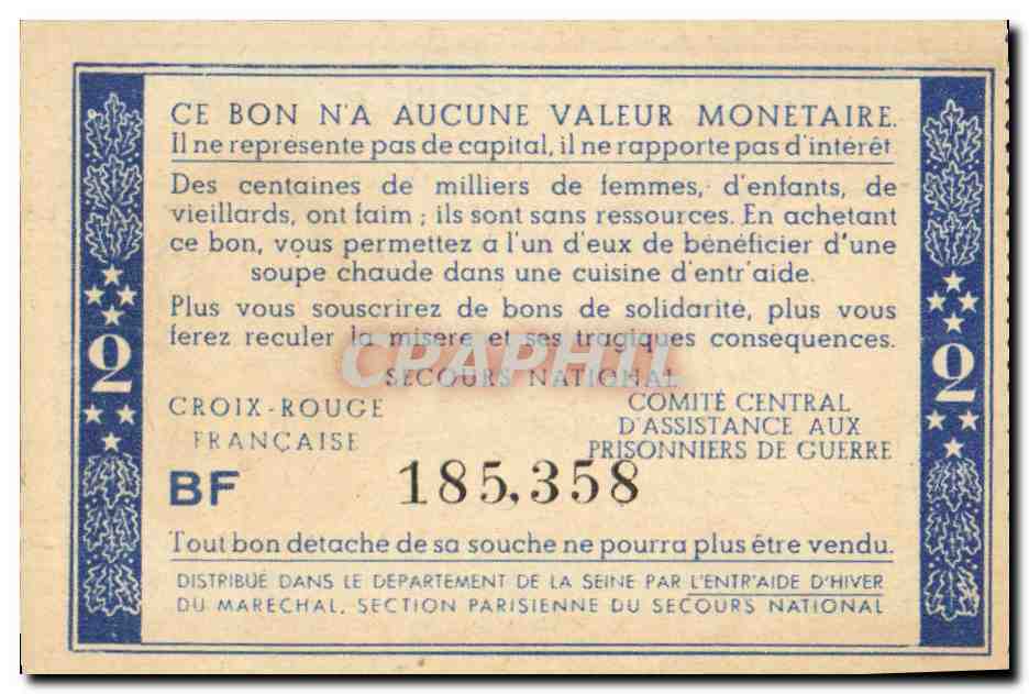 Bon de solidarite Petain 2 Francs — Rückseite