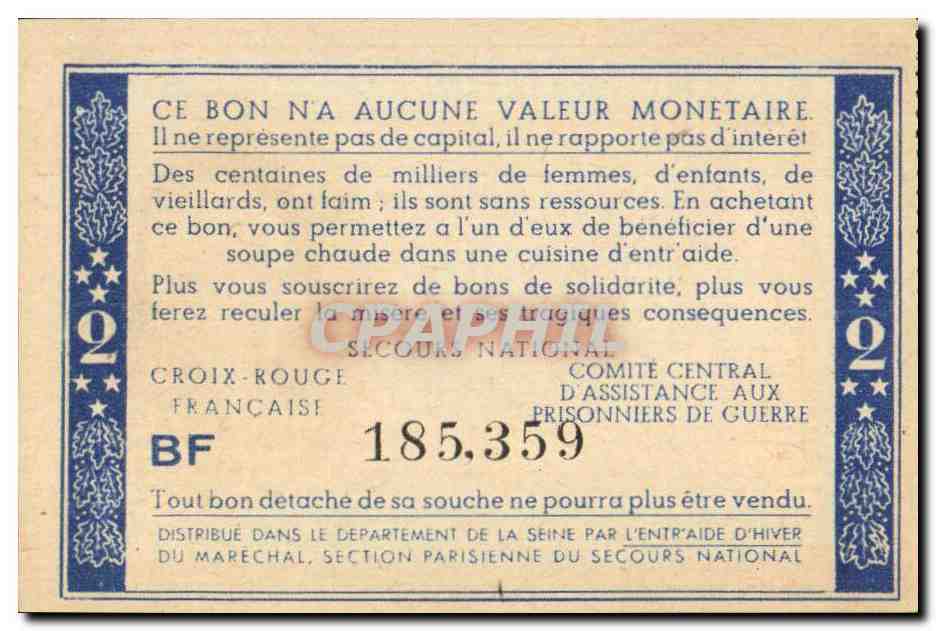 Bon de solidarite Petain 1 Franc — Verso