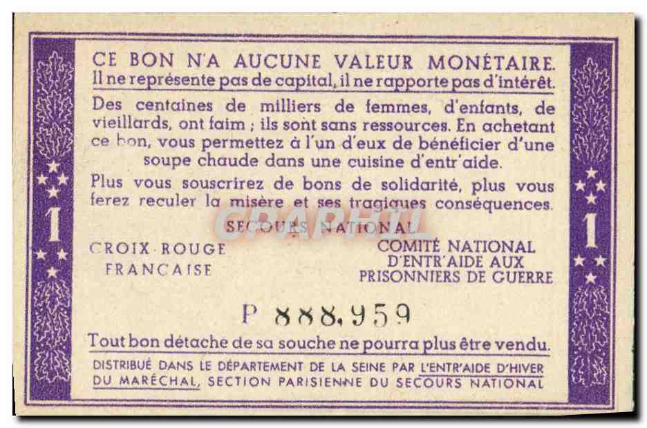 Bon de solidarite Petain 1 Franc — Verso